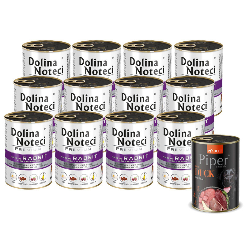 Mokra karma dla psa Dolina Noteci Premium bogata w królika z żurawiną zestaw 12 x 400 g + Piper Animals z kaczką i gruszką 400 g Gratis