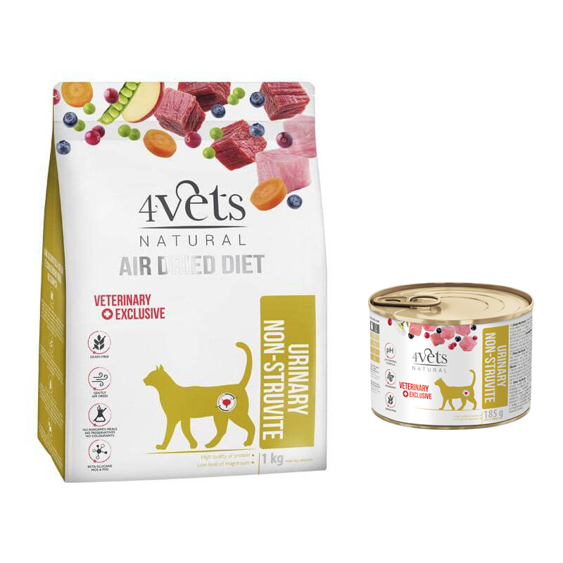 4Vets Natural Urinary Non-struvite karma suszona dla kotów ze schorzeniami dróg moczowych 1 kg + Urinary Non-struvite karma mokra 185 g