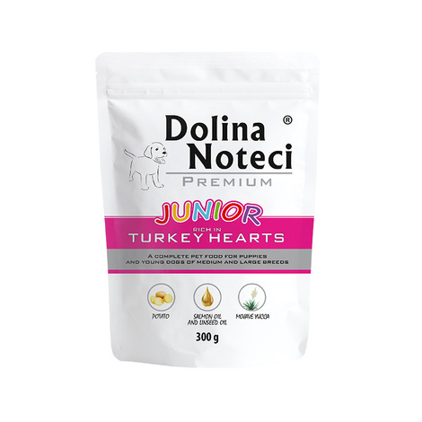 Mokra karma dla psa junior Dolina Noteci Premium bogata w serca z indyka saszetka 300 g