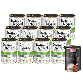Mokra karma dla psa Dolina Noteci Premium bogata w dziczyznę zestaw 12 x 400 g + Piper Animals z indykiem i brokułem 400 g Gratis