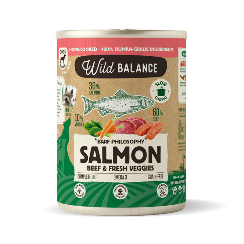 Wild Balance Karma mokra dla psa Wołowina z łososiem z marchwią i szpinakiem (dorosły i szczeniak) 400 g
