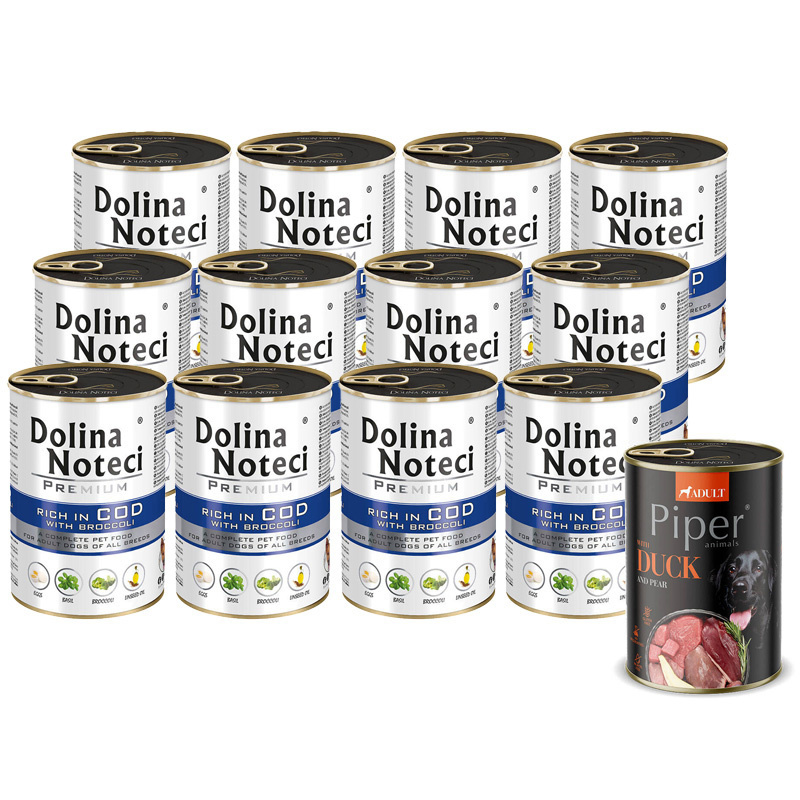 Mokra karma dla psa Dolina Noteci Premium bogata w dorsza z brokułami zestaw 12 x 400 g + Piper Animals z kaczką i gruszką 400 g Gratis