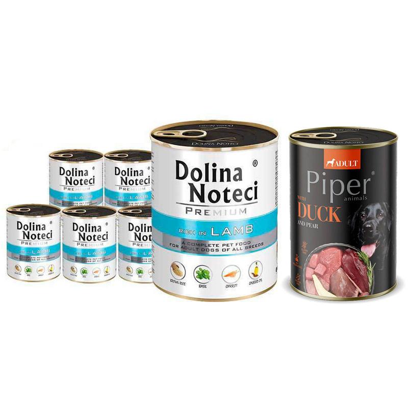 Mokra karma dla psa Dolina Noteci Premium bogata w jagnięcinę zestaw 6 x 800 g + Piper Animals z kaczką i gruszką 400 g Gratis
