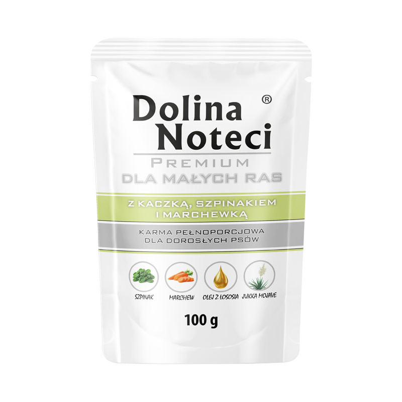 Mokra karma dla psów małych ras Dolina Noteci Premium z kaczką, szpinakiem i marchewką 100 g