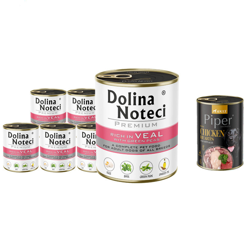 Mokra karma dla psa Dolina Noteci Premium bogata w cielęcinę z zielonym groszkiem 6 x 800 g + gratis Piper Animals z sercami z kurczaka i szpinakiem