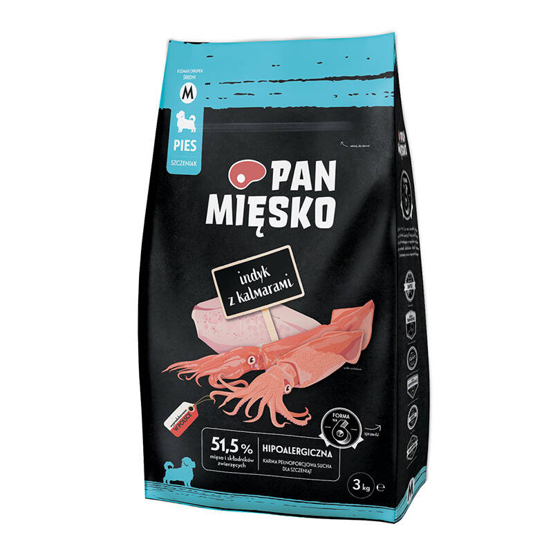 Pan Mięsko Karma sucha dla psa szczeniak Indyk z kalmarami chrupki M 3 kg