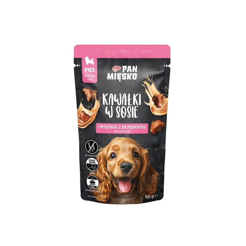 Pan Mięsko karma mokra dla psa kawałki w sosie cielęcina z przepiórką (szczeniak) 150 g