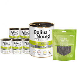 Mokra karma dla psa Dolina Noteci Premium bogata w gęś z ziemniakami zestaw 6 x 800 g + gratis Natural Treats Veal Liver wątroba cielęca 150 g