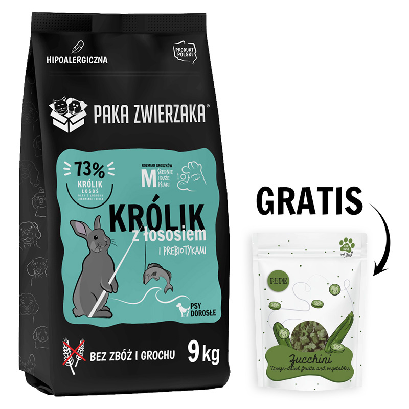 Paka Zwierzaka Karma sucha Seventh Heaven Królik z łososiem M 9 kg + Cukinia Liofilizowana Przysmak dla psa 20 g GRATIS