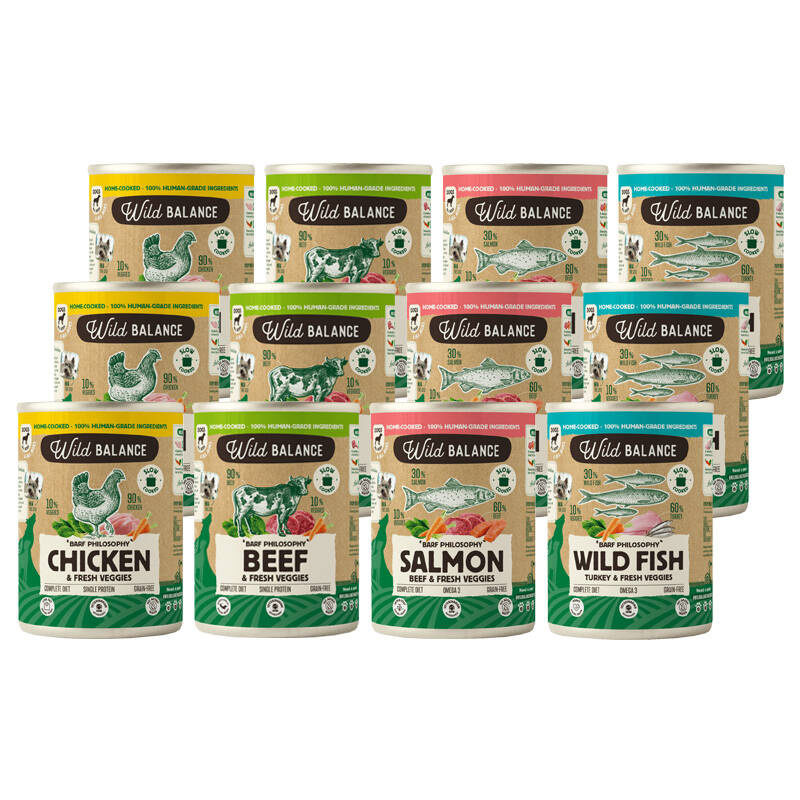 Wild Balance Karma mokra dla psa (dorosły i szczeniak) mix smaków zestaw 12 x 400 g
