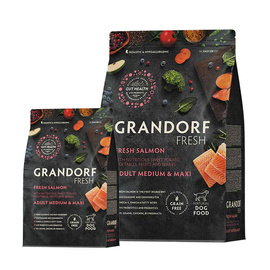 Grandorf Fresh Salmon Medium & Maxi Karma sucha dla psów średnich i dużych ras o zdrowej skórze i sierści lub skłonnych do alergii Łosoś 3 kg + 1 kg Gratis
