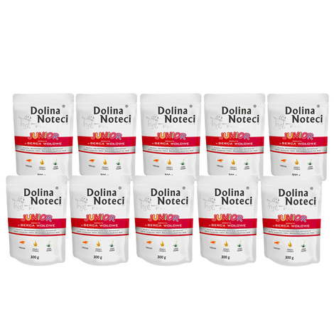 Mokra karma dla psa junior Dolina Noteci Premium bogata w serca wołowe zestaw 10 x 300 g