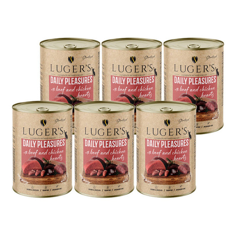 Karma mokra dla kota Luger's Daily Pleasures Sterilised z wołowiną i sercami z kurczaka zestaw 6x400 g