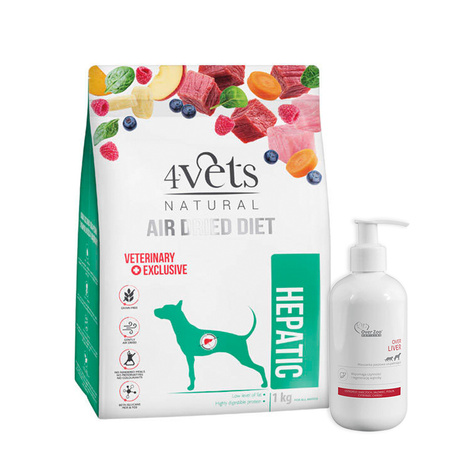  4Vets Natural Hepatic karma suszona dla psów z chorą wątrobą 1 kg + Over Zoo Over Liver Preparat wspierający funkcje wątroby psów i kotów 250 ml