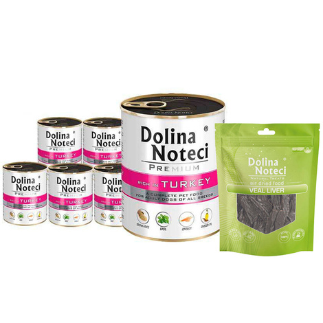 Mokra karma dla psa Dolina Noteci Premium bogata w indyka zestaw 6 x 800 g + gratis Natural Treats Veal Liver wątroba cielęca 150 g