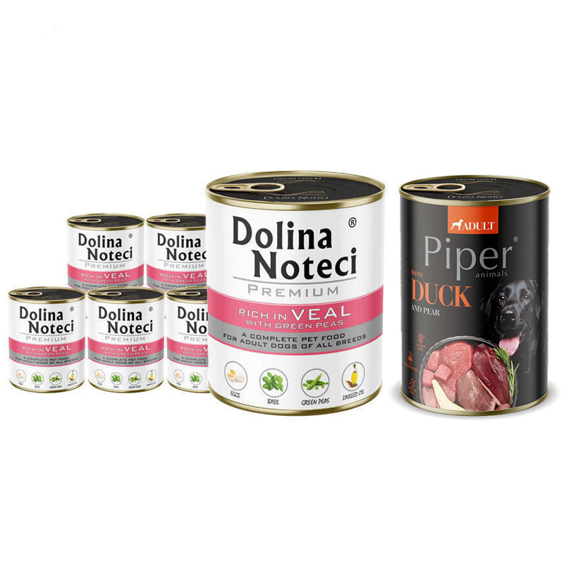 Mokra karma dla psa Dolina Noteci Premium bogata w cielęcinę z zielonym groszkiem 6 x 800 g + Piper Animals z kaczką i gruszką 400 g Gratis