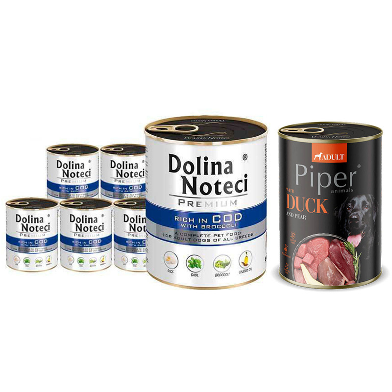 Mokra karma dla psa Dolina Noteci Premium bogata w dorsza z brokułami zestaw 6 x 800 g + Piper Animals z kaczką i gruszką 400 g Gratis