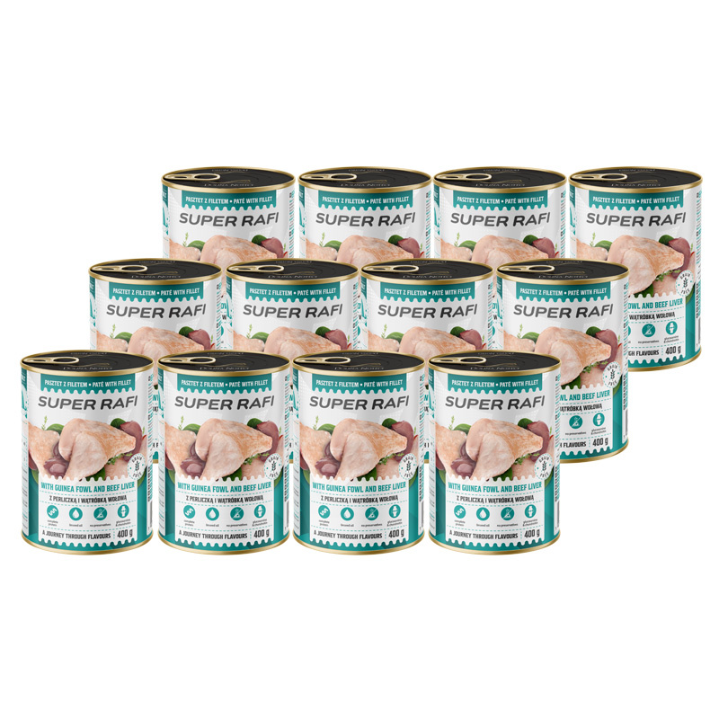 Super Rafi Mokra karma dla psa z perliczką i wątróbką wołową zestaw 12 x 400 g