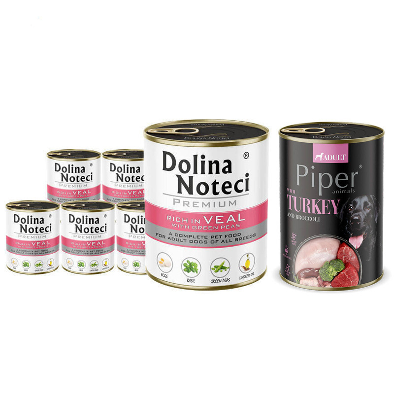 Mokra karma dla psa Dolina Noteci Premium bogata w cielęcinę z zielonym groszkiem 6 x 800 g + Piper Animals z indykiem i brokułem 400 g Gratis