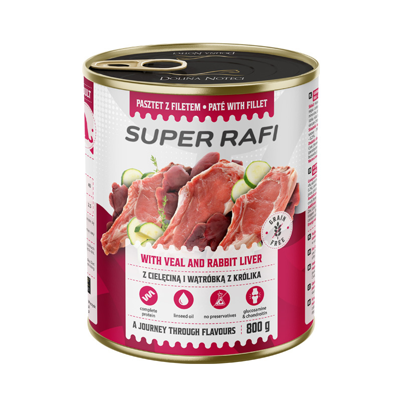 Super Rafi Mokra karma dla psa z cielęciną i wątróbką z królika 800 g