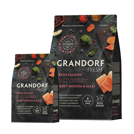 Grandorf Fresh Salmon Medium & Maxi Karma sucha dla psów średnich i dużych ras o zdrowej skórze i sierści lub skłonnych do alergii Łosoś 3 kg + 1 kg Gratis