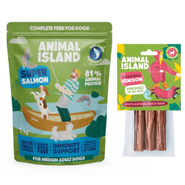 Animal Island Sucha karma dla psa z łososiem 1 kg + Kabanosy z jelenia przysmak dla psa 3 szt. gratis