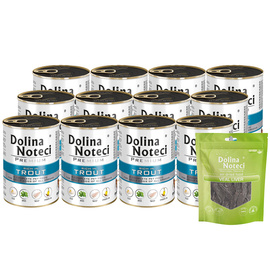 Mokra karma dla psa Dolina Noteci Premium bogata w pstrąga zestaw 12 x 400 g + gratis Natural Treats Veal Liver wątroba cielęca 150 g