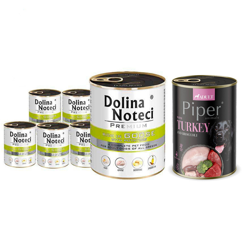 Mokra karma dla psa Dolina Noteci Premium bogata w gęś z ziemniakami zestaw 6 x 800 g + Piper Animals z indykiem i brokułem 400 g Gratis