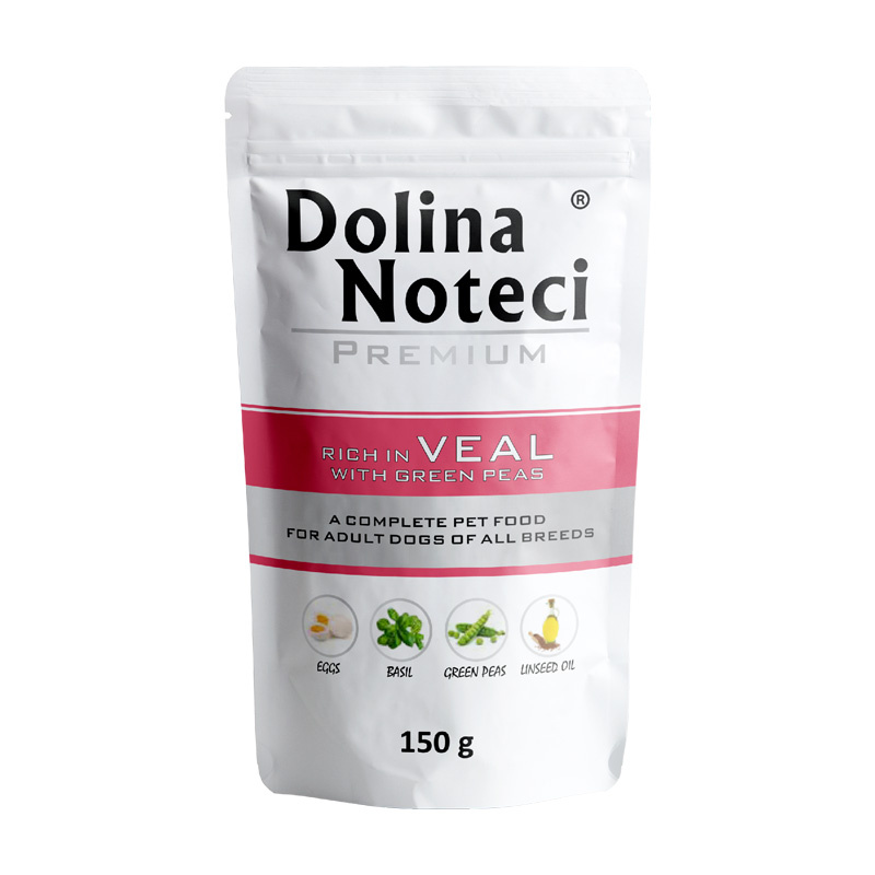 Mokra karma dla psa Dolina Noteci Premium bogata w cielęcinę z zielonym groszkiem saszetka 150 g