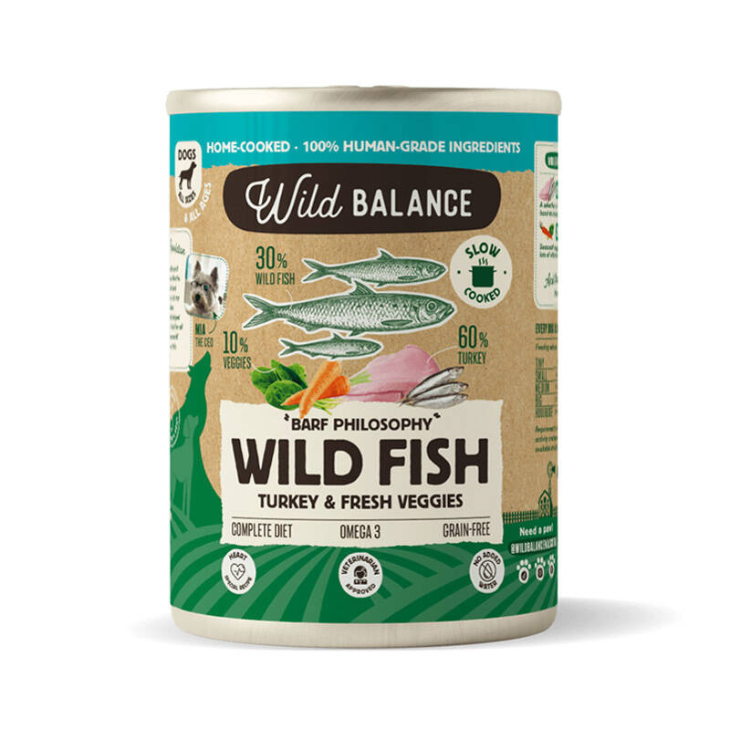 Wild Balance Karma mokra dla psa Indyk z dziką rybą z marchwią i szpinakiem (dorosły i szczeniak) 400 g
