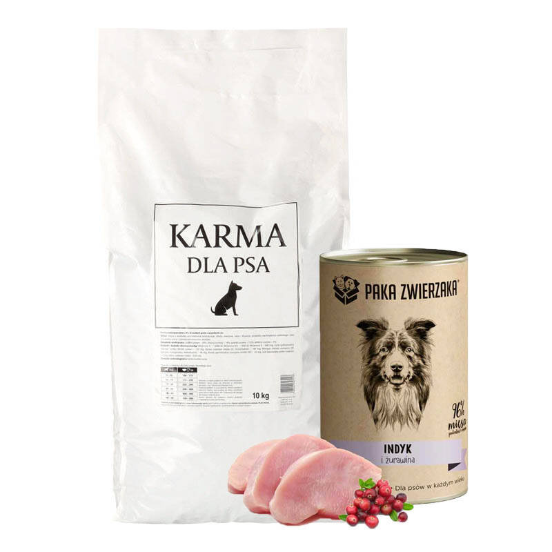 Sucha karma pełnoporcjowa dla psa dorosłego wszystkich ras 10 kg + Paka Zwierzaka Karma mokra Indyk i żurawina 400g