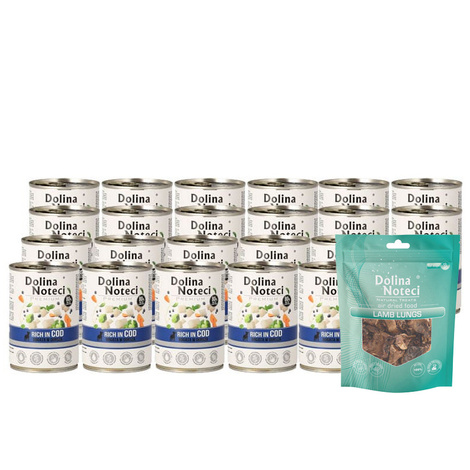 Mokra karma dla psa Dolina Noteci Premium bogata w dorsza zestaw 24 x 400 g EDYCJA LIMITOWANA + Natural Treats płuca jagnięce 100 g gratis