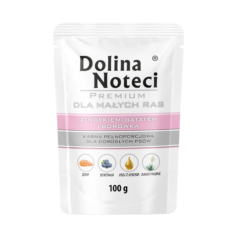 Mokra karma dla psów małych ras Dolina Noteci Premium z indykiem, batatem i borówką 100 g