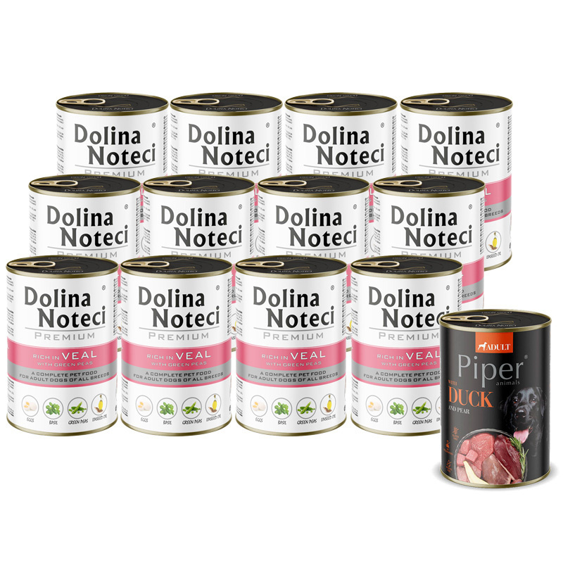 Mokra karma dla psa Dolina Noteci Premium bogata w cielęcinę z zielonym groszkiem zestaw 12 x 400 g + Piper Animals z kaczką i gruszką 400 g Gratis