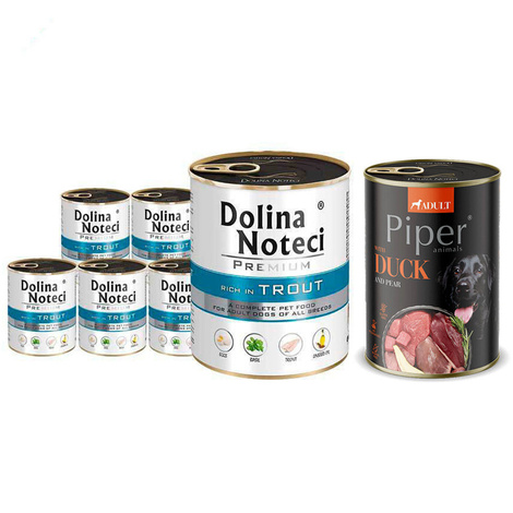 Mokra karma dla psa Dolina Noteci Premium bogata w pstrąga zestaw 6 x 800 g + Piper Animals z kaczką i gruszką 400 g Gratis