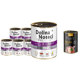 Mokra karma dla psa Dolina Noteci Premium bogata w królika z żurawiną zestaw 6 x 800 g + gratis Piper Animals z sercami z kurczaka i szpinakiem 400 g