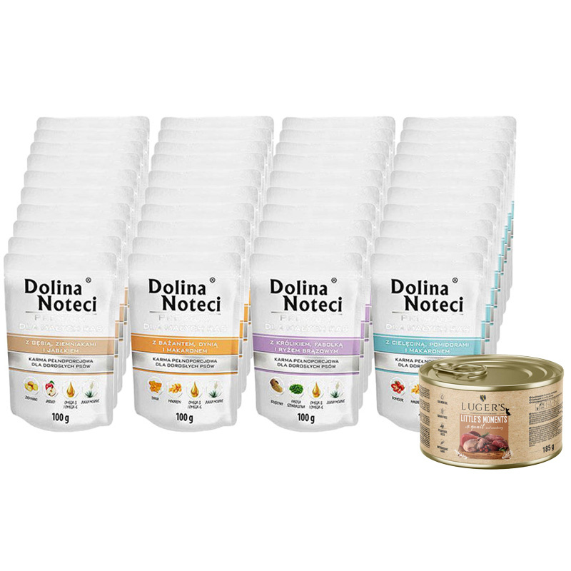 Mokra karma dla psów małych ras Dolina Noteci Premium Mix 40 x 100 g + gratis Luger's Little's Moments z przepiórką i żurawiną 185 g
