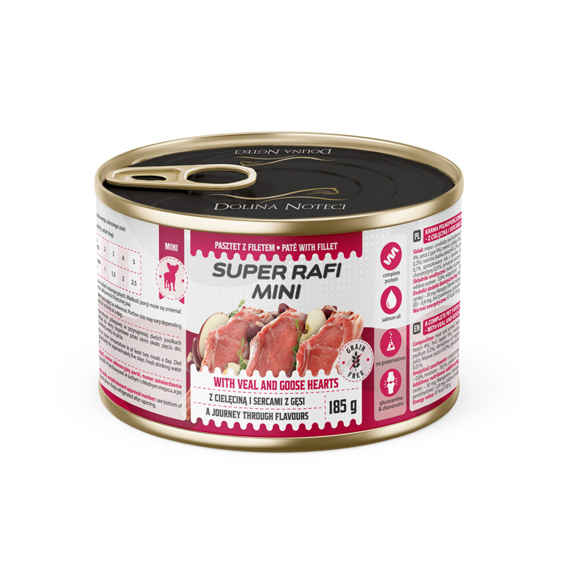 Super Rafi Mini Mokra karma dla psów małych ras z cielęciną i sercami z gęsi 185 g