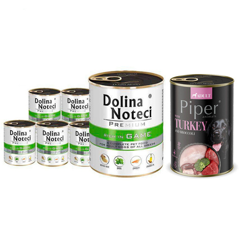 Mokra karma dla psa Dolina Noteci Premium bogata w dziczyznę zestaw 6 x 800 g + Piper Animals z indykiem i brokułem 400 g Gratis