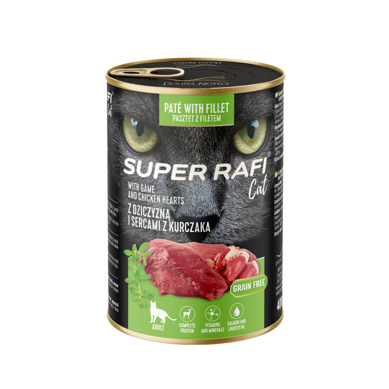 Karma mokra dla kotów Super Rafi Cat z dziczyzną i sercami z kurczaka 400 g