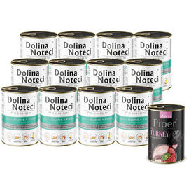 Mokra karma dla psa Dolina Noteci Premium bogata w perliczkę z jabłkiem zestaw 12 x 400 g + Piper Animals z indykiem i brokułem 400 g Gratis