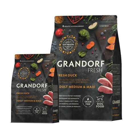 Grandorf Fresh Karma sucha dla psów średnich i dużych ras o wrażliwym układzie pokarmowym Kaczka 3 kg + 1 kg Gratis
