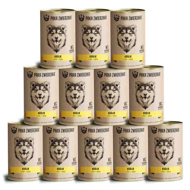 Paka Zwierzaka Karma mokra dla psa Królik i dzik z dynią zestaw 12 x 400 g