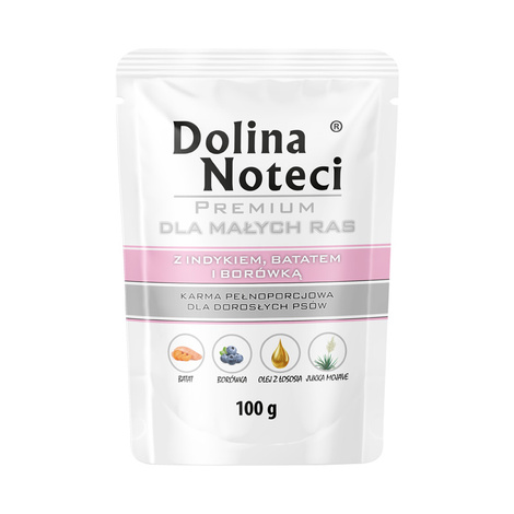 Mokra karma dla psów małych ras Dolina Noteci Premium z indykiem, batatem i borówką 100 g