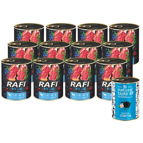 Mokra karma dla psa Rafi z jagnięciną zestaw 12 x 800 g + gratis Natural Taste Czarna Owca – danie z jagnięciny 400 g 