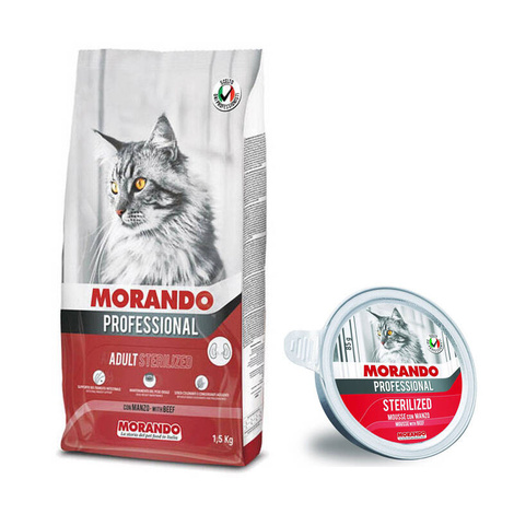 Morando Pro Sucha karma dla kota Sterilised Wołowina 1,5 KG  + Mokra karma dla kota Sterilised Wołowina 85 G GRATIS