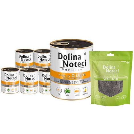Mokra karma dla psa Dolina Noteci Premium bogata w kaczkę z dynią zestaw 6 x 800 g + gratis Natural Treats Veal Liver wątroba cielęca 150 g