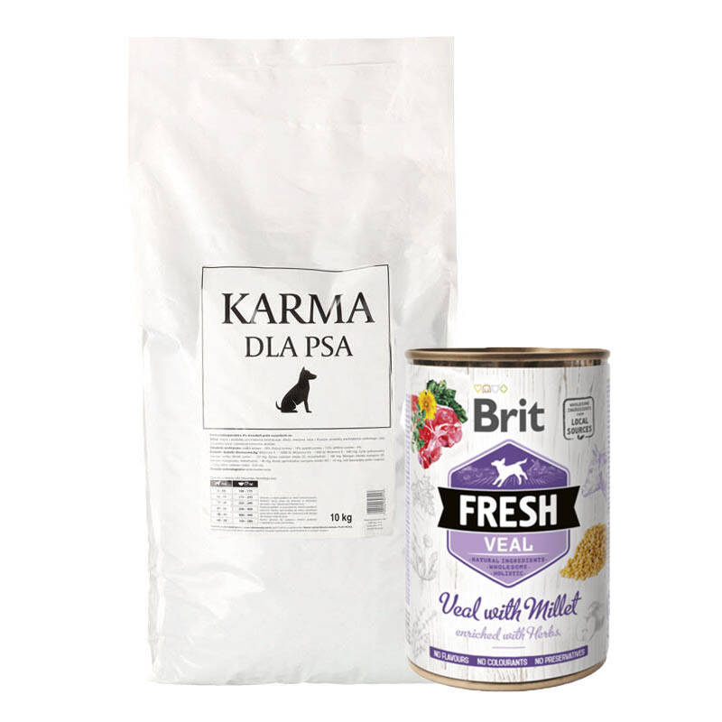Sucha karma pełnoporcjowa dla psa dorosłego wszystkich ras 10 kg + Karma dla psa Brit Fresh Dog Cielęcina z Kasza jaglaną 400g