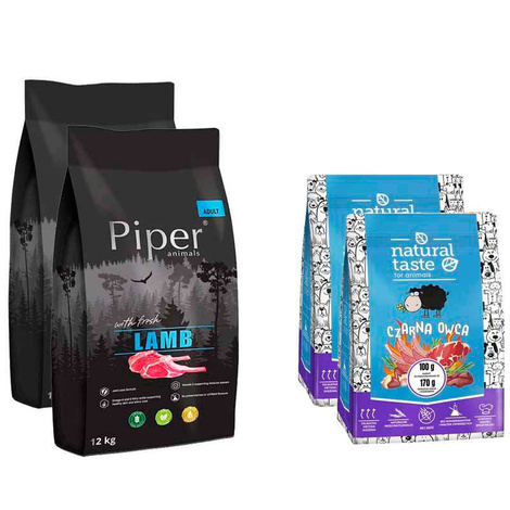 Karma sucha dla psa Piper Animals z jagnięciną 2 x 12 kg + Karma suszona Natural Taste Czarna Owca 2 x 1 kg