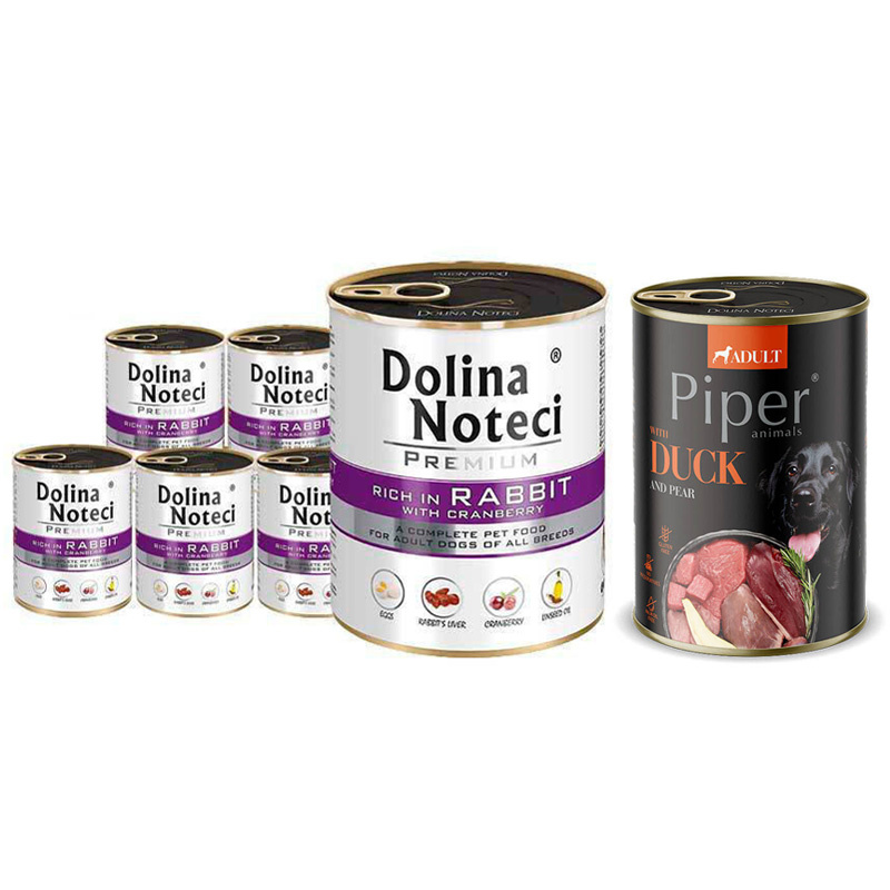 Mokra karma dla psa Dolina Noteci Premium bogata w królika z żurawiną zestaw 6 x 800 g + Piper Animals z kaczką i gruszką 400 g Gratis